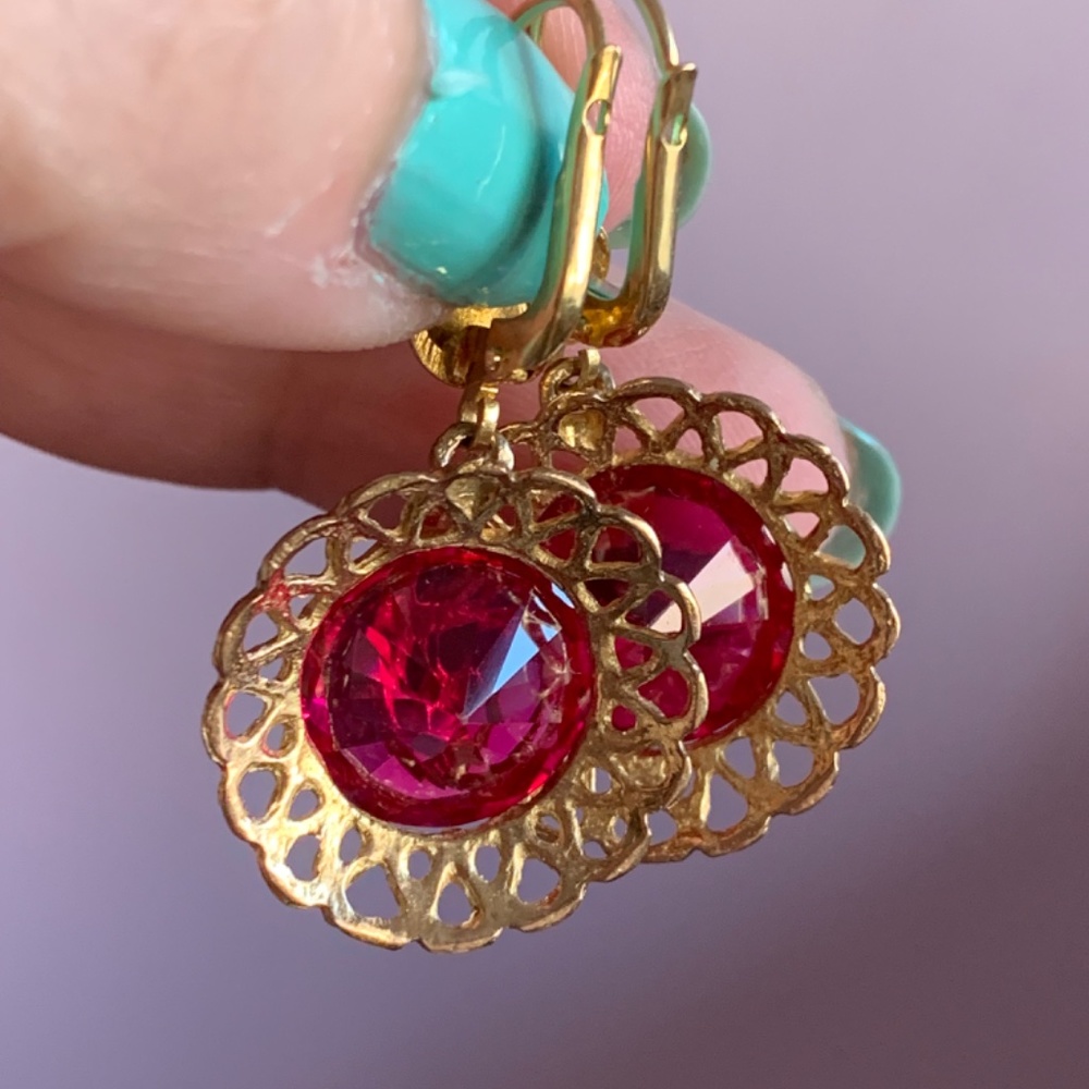 Vintage 14k Gold Huge Synthetic Ruby Dangle Drop … - image 7